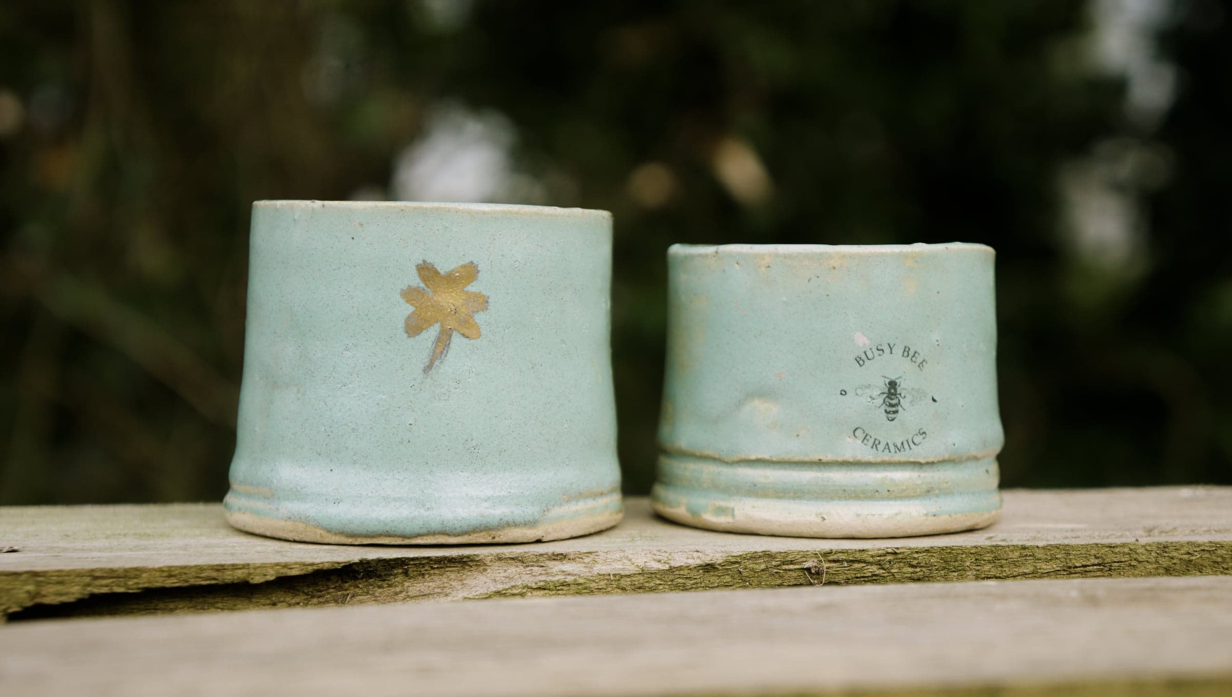Two shamrock-stamped sage cups, side by side.