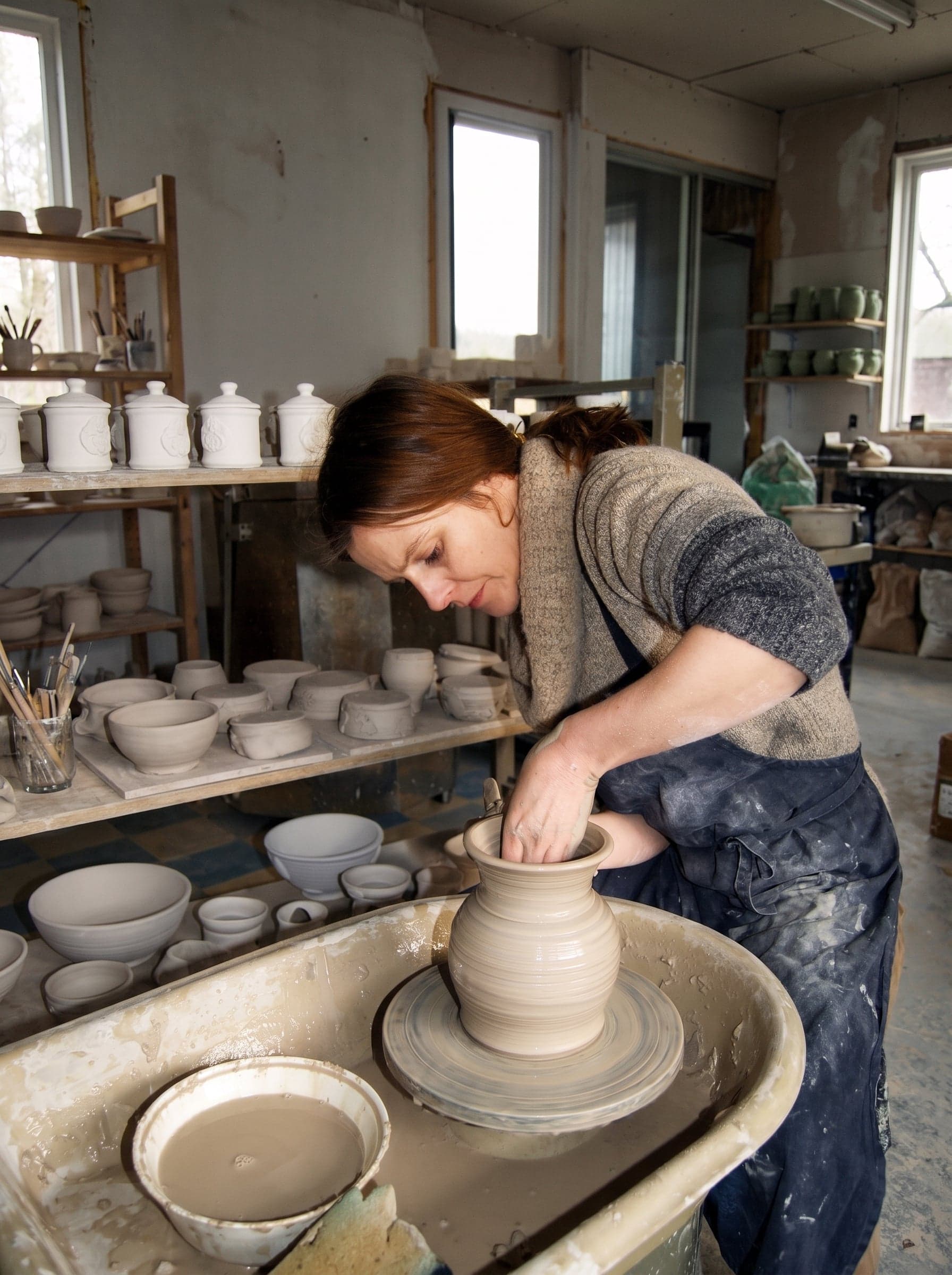 Brenda McGinn at the wheel, shaping a wet clay vase in her Glaslough studio.